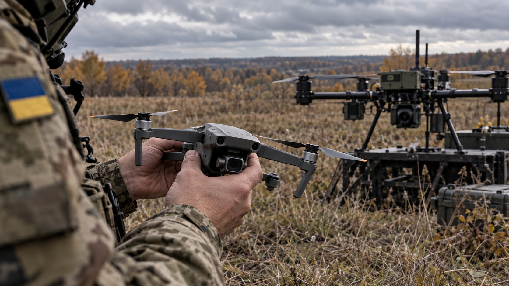 Військовий тримає квадрокоптер типу DJI Mavic перед запуском, позаду — українські розвідувальні дрони на полі